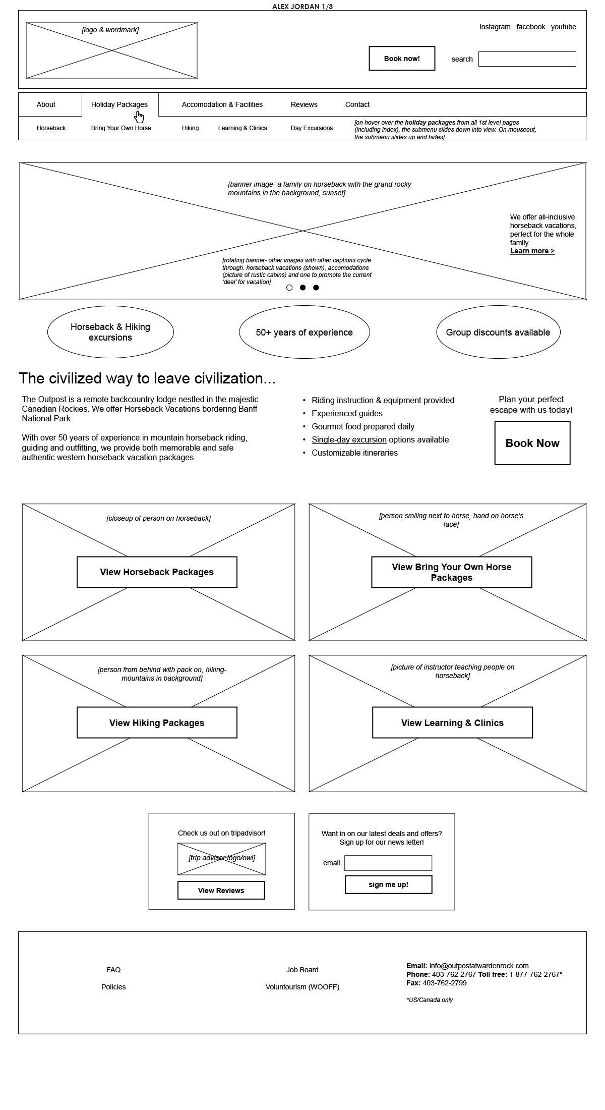 Wapiti Outpost & Lodge - wireframe for the homepage 