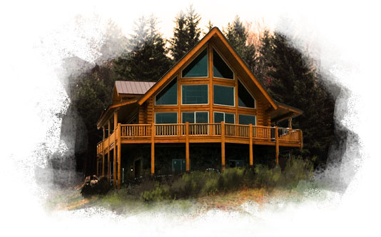 Small, cozy log cottage with a peaked pine-green roof. The front includes a deck area and the cottage features many classic 4-pane glass windows.